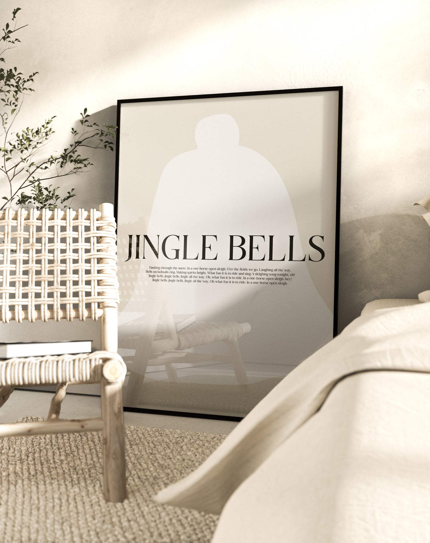 huisje van sanne kerst poster white linen beige met wit en zwarte tekst jingle bells voor een toffe kerstsfeer een modern minimalistisch en japandi interieur. 