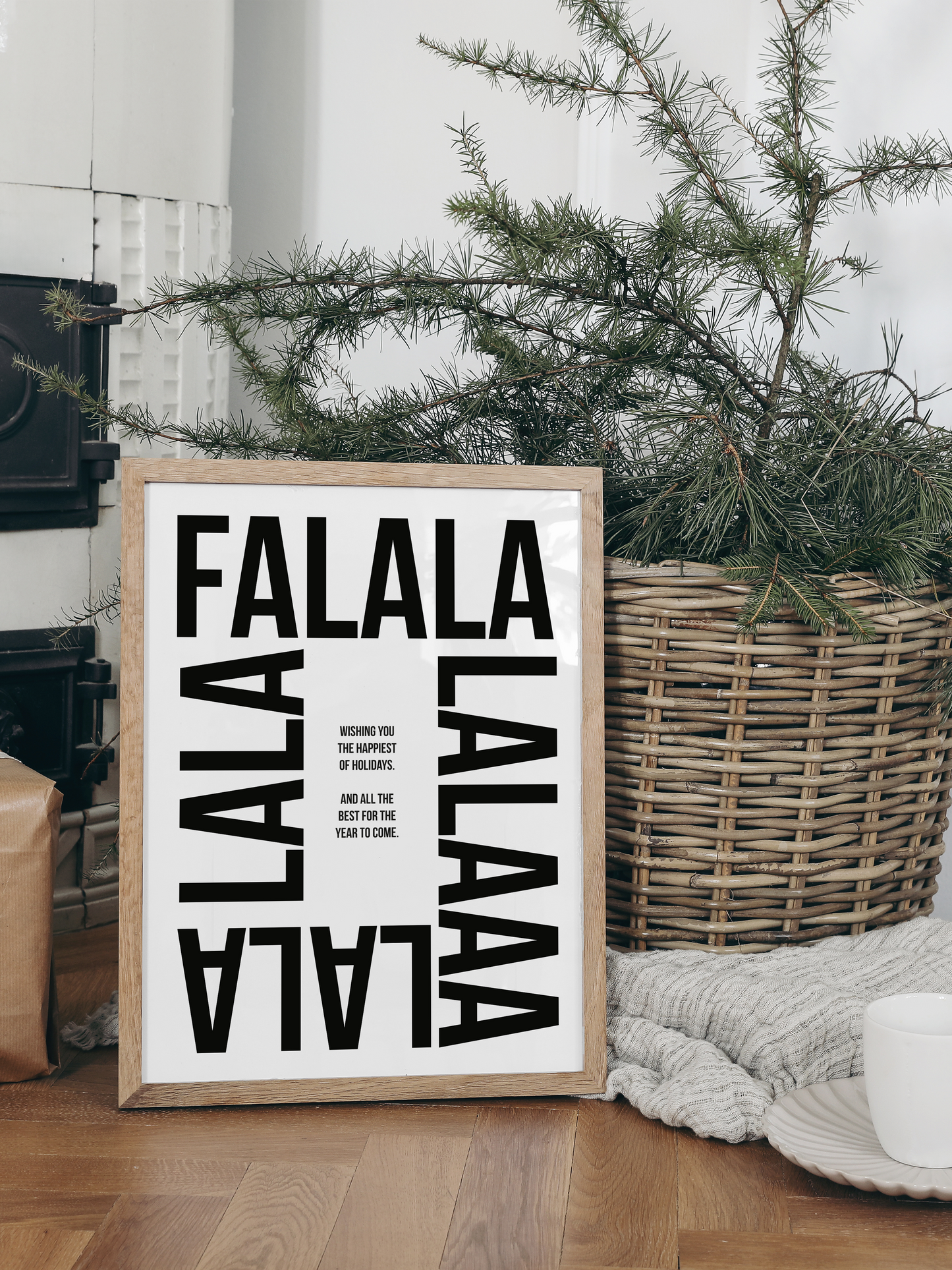 huisjevansanne kerst poster zwart wit met tekst falalalalaa