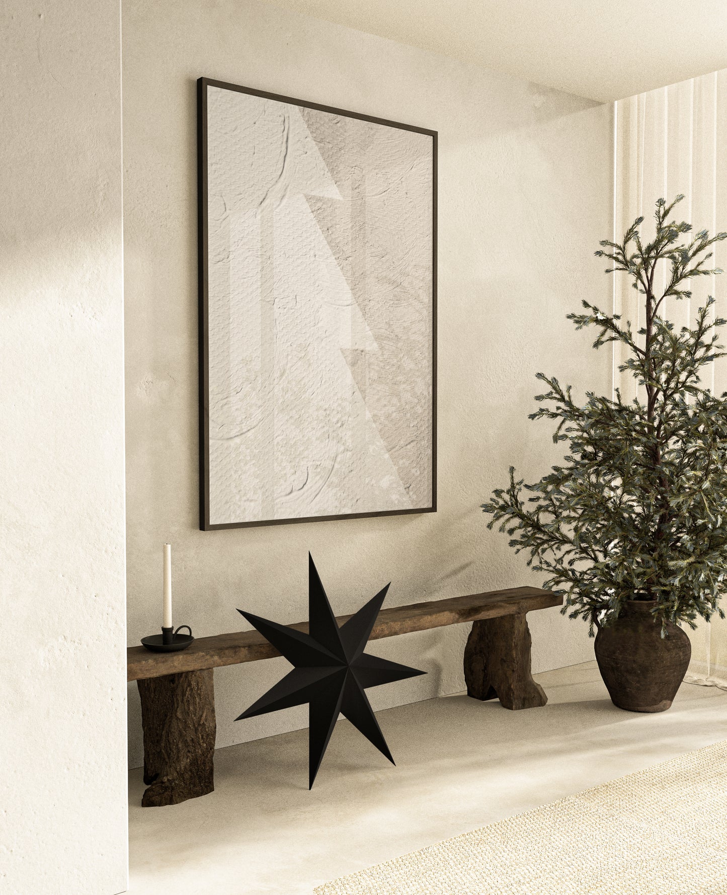 huisje van sanne  beige en witte kerstboom kerst poster met texture voor japandi modern interieur