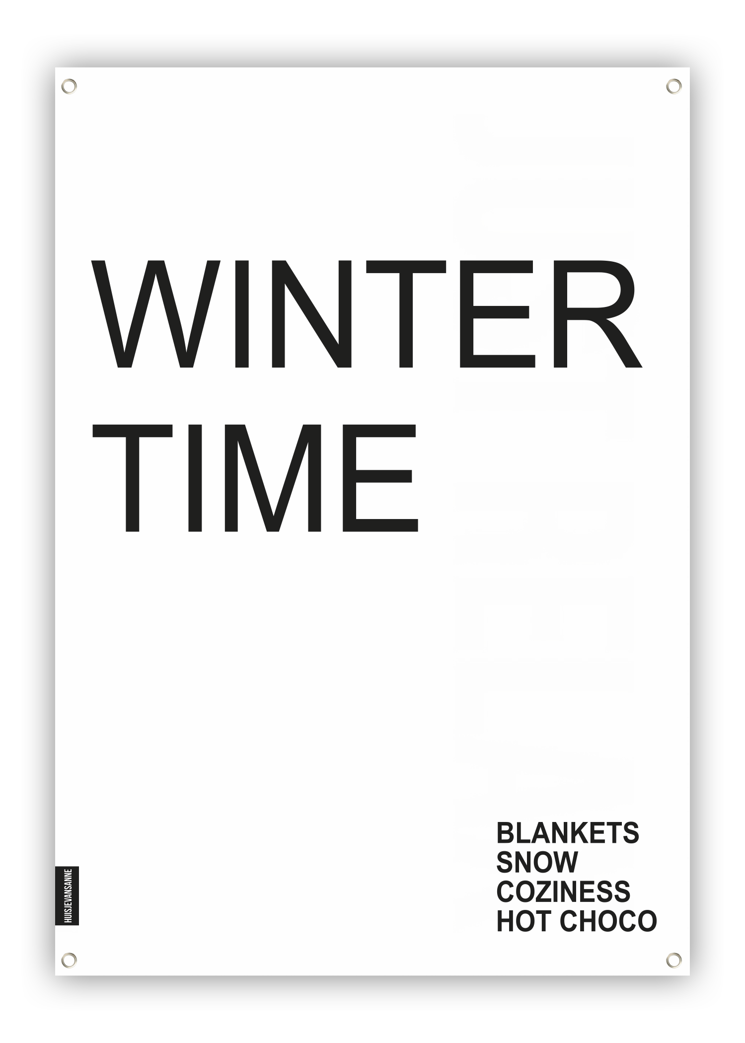 huisje van sanne tuinposter zwart wit met tekst winter time