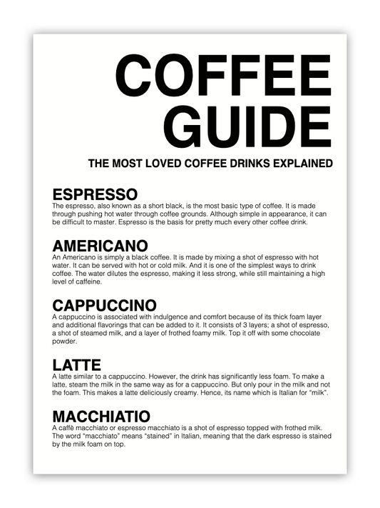 huisjevansanne coffee guide poster zwart wit met tekst uitleg koffiesoorten