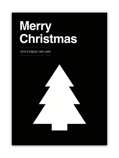 huisje van sanne kerst poster zwart wit met tekst merry christmas and a happy new year en kerstboom