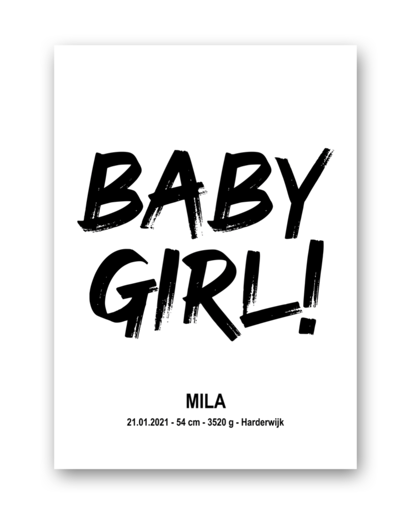huisjevansanne gepersonaliseerde baby girl en kids poster zwart wit met letter, geboortedatum, lengte, gewicht en geboorteplaats